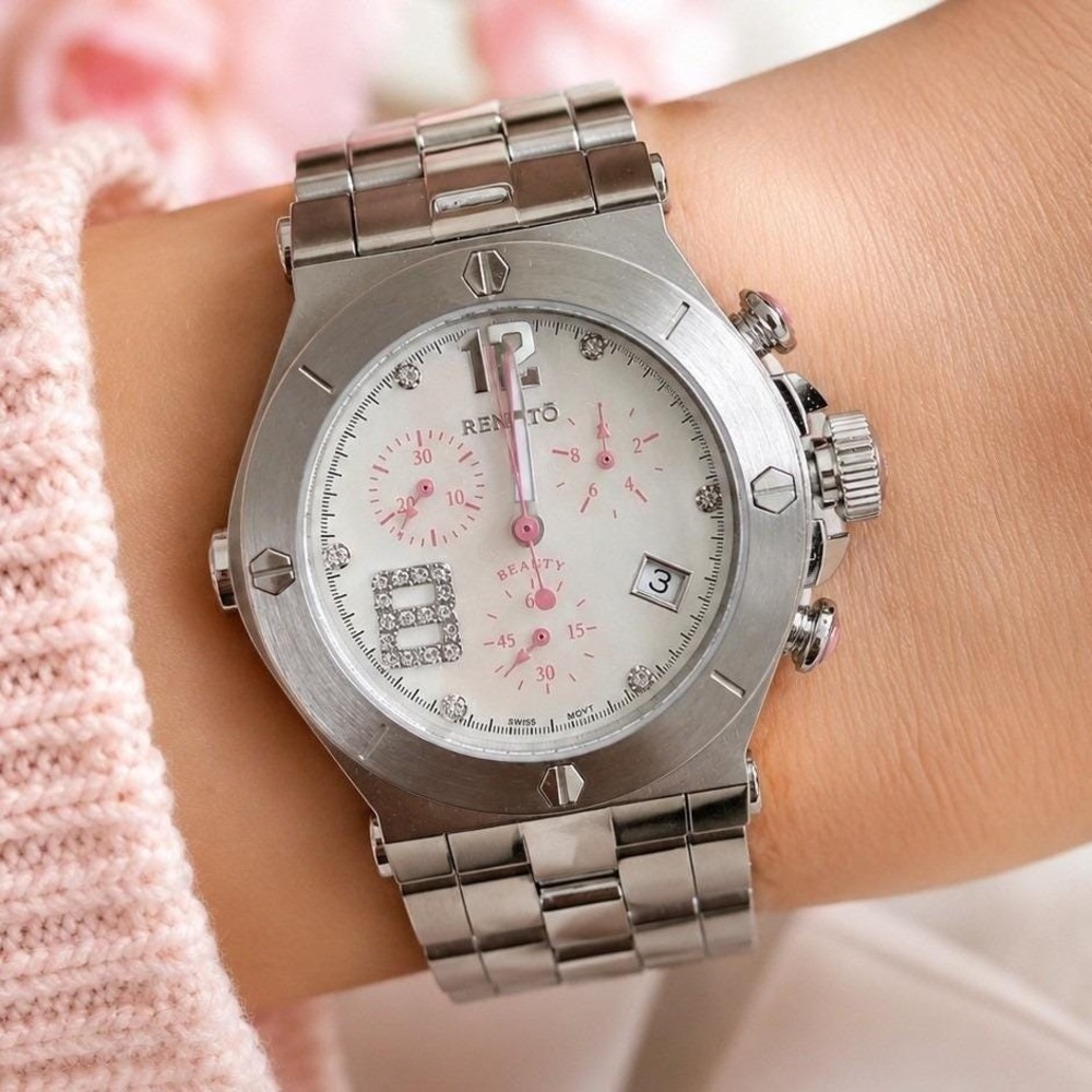 Renato Beauty Chronograph Swiss Movt White Pink Dial Crystal Women's Watch Date
